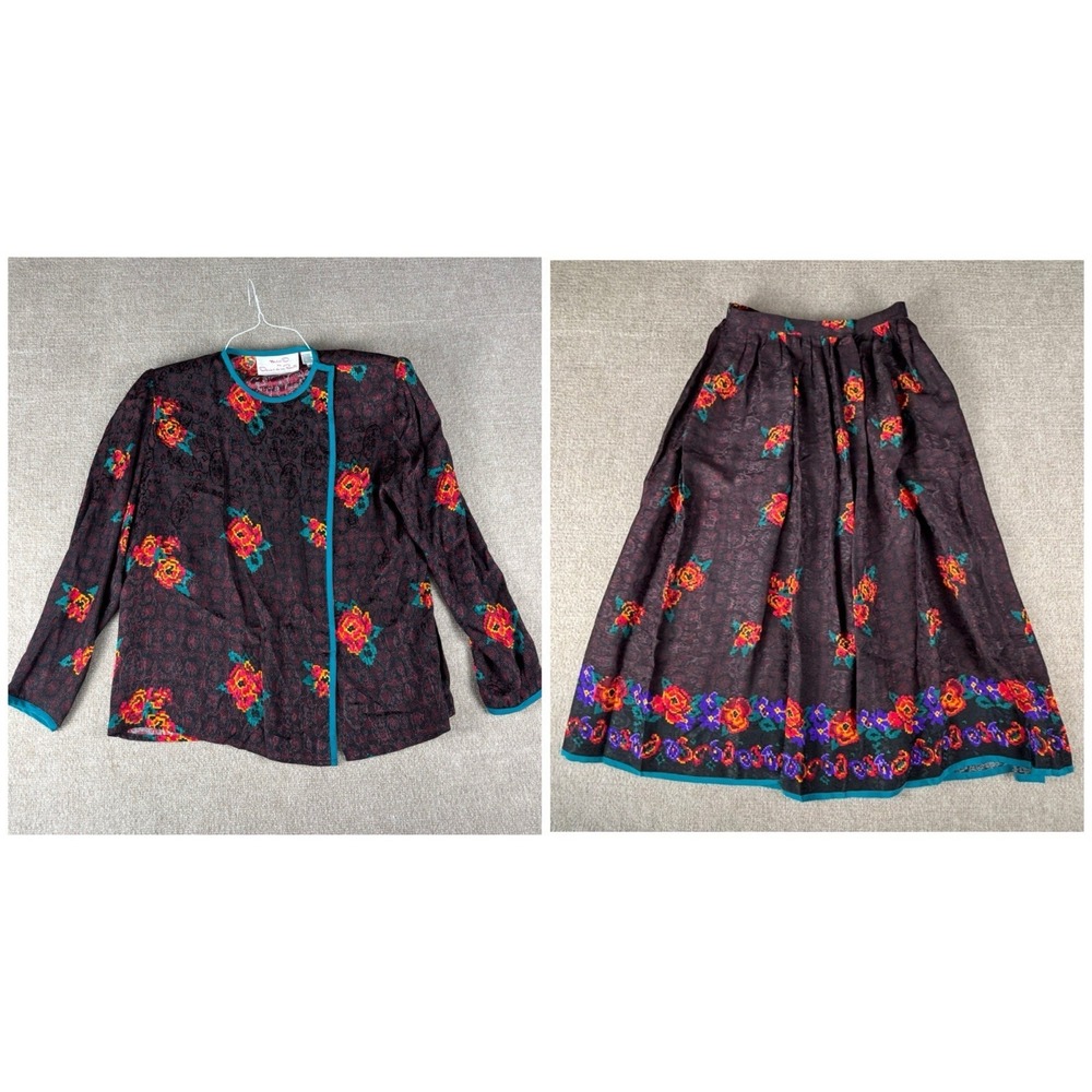 Vintage Miss O Oscar de la Renta Silk 2 Pc Floral Skirt Set Blouse Size 10‎